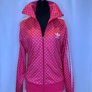 Adidas red zip up jacket with white kiss/lips pattern and trefoil logo back